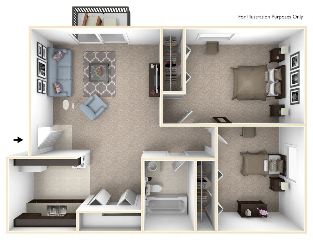 Floor plan for 2 beds, 1 bath, 660 sqft